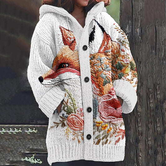 Vintage Fox And Floral Art Cozy Cardigan Sweater artswardrobe