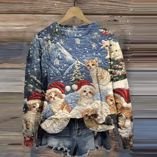 Women's Happy Christmas Santa Hat Cats Art Printed Casual Sweatshirt elevenforest
