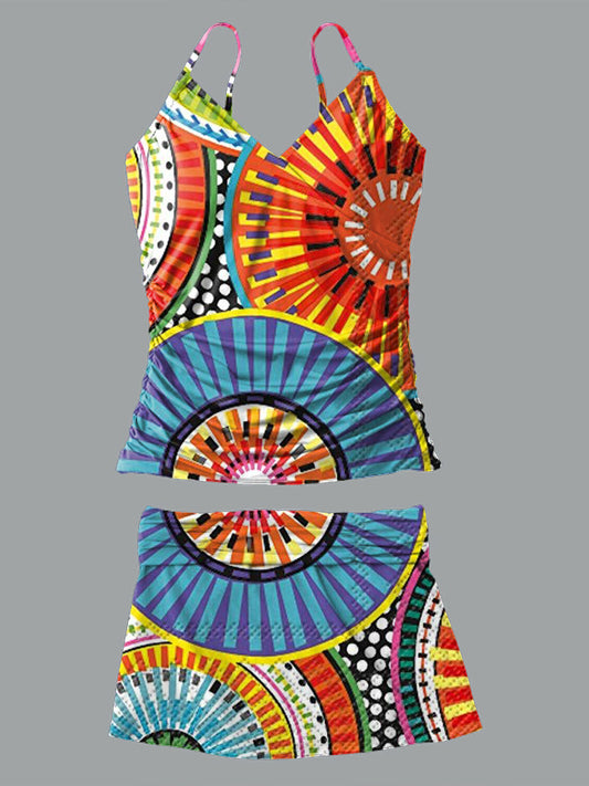 V-Neck Ethnic Geometric Print Suspender Skirt Tankini Pantskirt Set Swimsuit