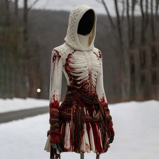 Comstylish Women's Vintage Skeleton Gradient Art Cozy Sweater Hooded Dress