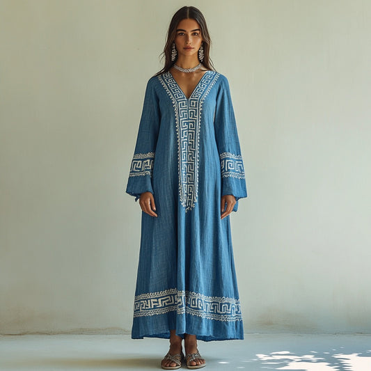 Retro Greek Key Graphics V Neck Linen Blend Maxi Dress artswardrobe