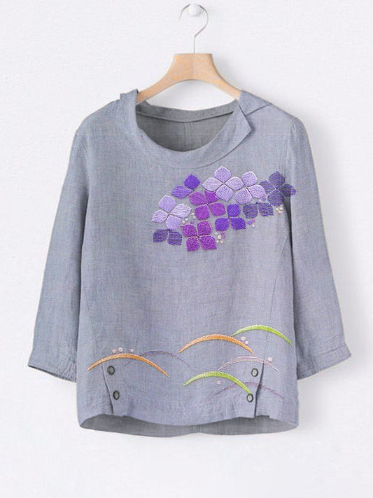 Comstylish Japanese Botanical Flower Embroidery Pattern Women's Linen Lapel Top