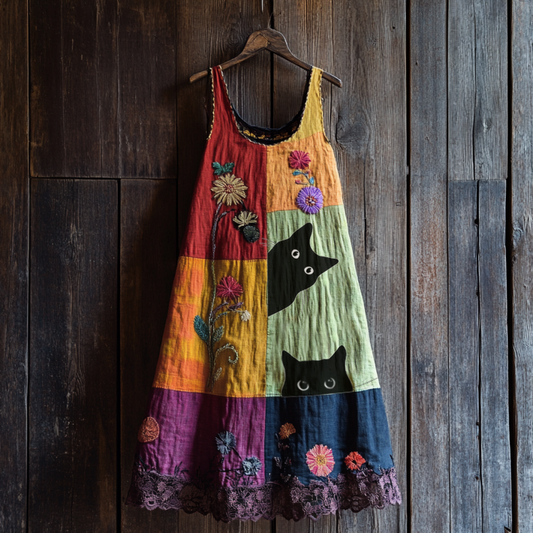 Vintage Abstract Creative Cute Black Cat  With Floral Patchwork Art Linen Tank Dress elevenforest