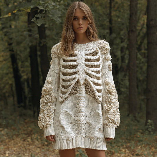 Women's Vintage Skull Rose Comfortable Elegant Sweater Dress artswardrobe