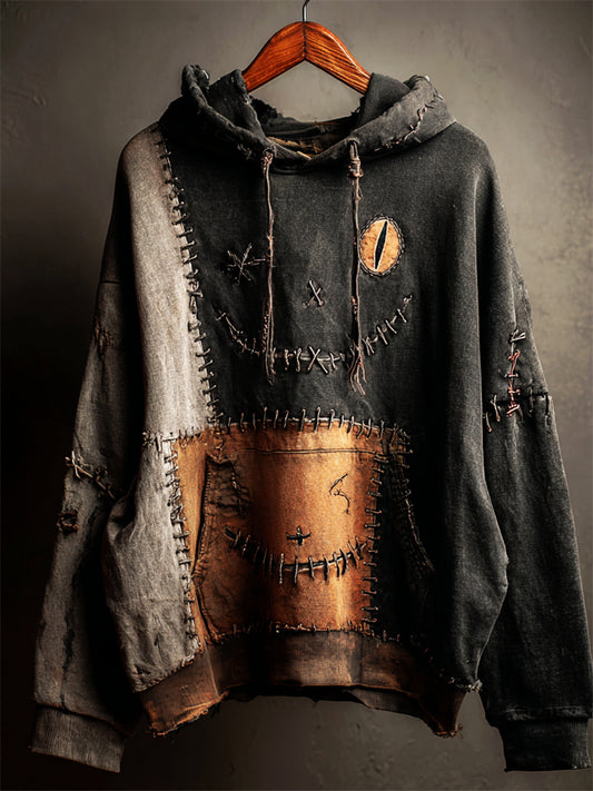Comstylish Halloween Black Cat Face Colorblock Patchwork Washed Hoodie