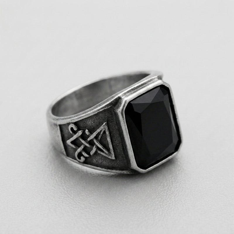 Signet Ring with Black Gemstone and Engraved Symbol