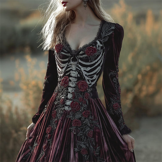 Comstylish Vintage Skeleton Red Roses Cozy Velvet Maxi Dress