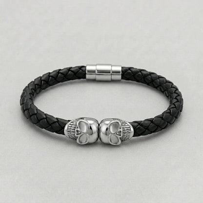 Twin Skull Black Braided Leather Bracelet