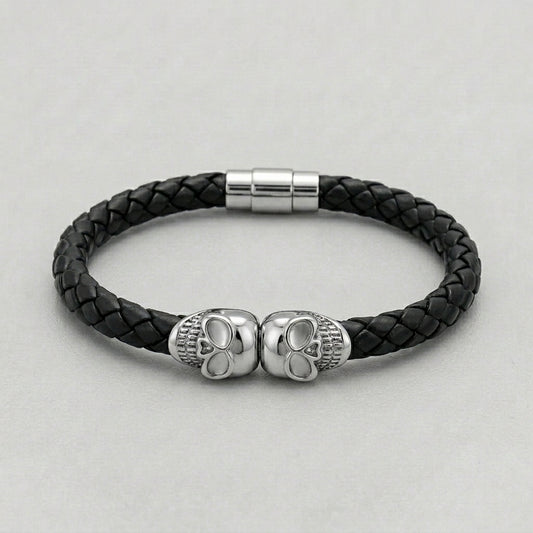 Twin Skull Black Braided Leather Bracelet