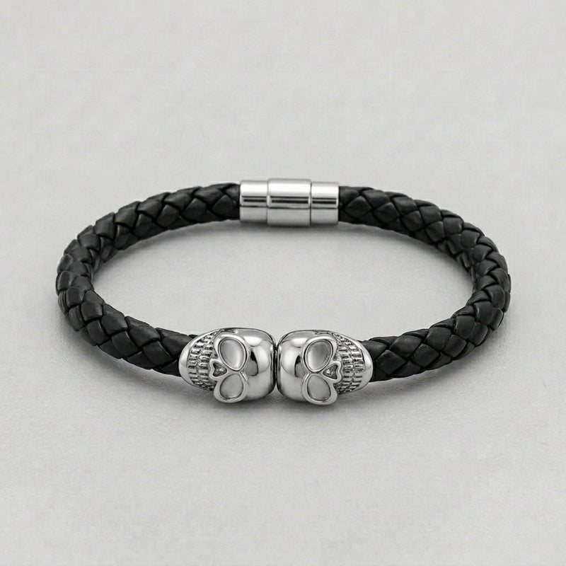 Twin Skull Black Braided Leather Bracelet