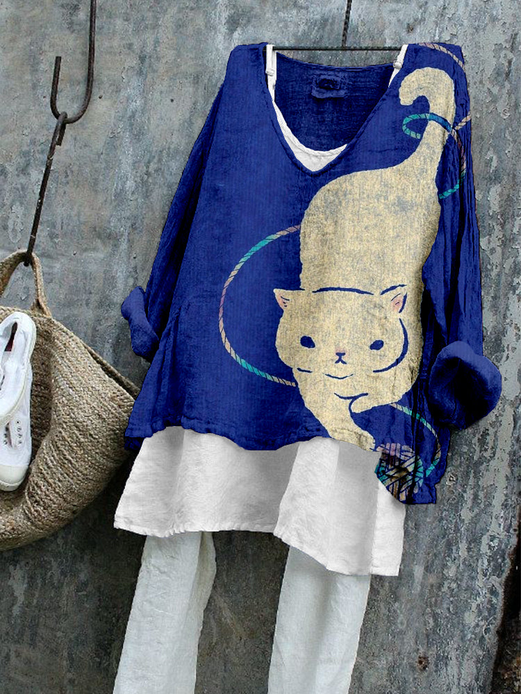 Comstylish Lovely Cat Graphic Linen Blend Cozy Tunic