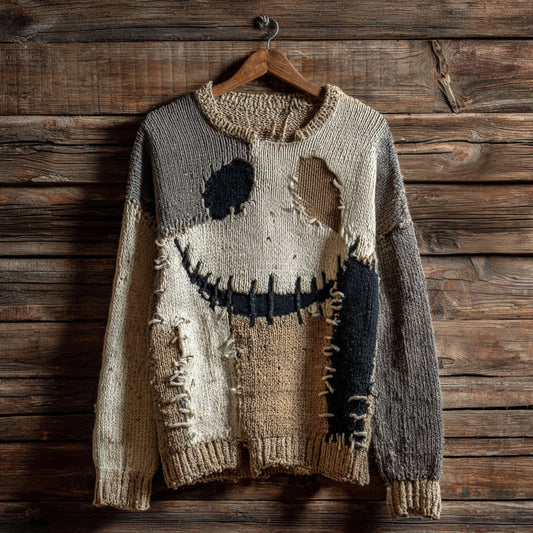 Halloween Spooky Face Contrast Stitched Cozy Knit Sweater elevenforest