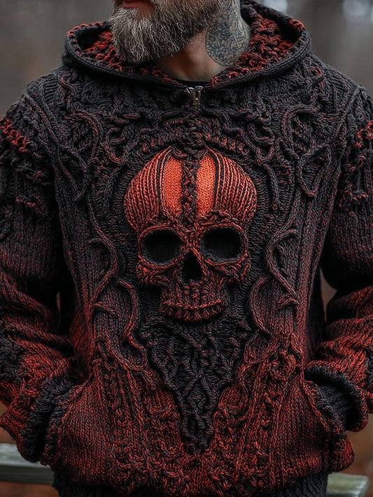 Men's Vintage Spooky Skull Gradient Chunky Hooded Sweater artswardrobe