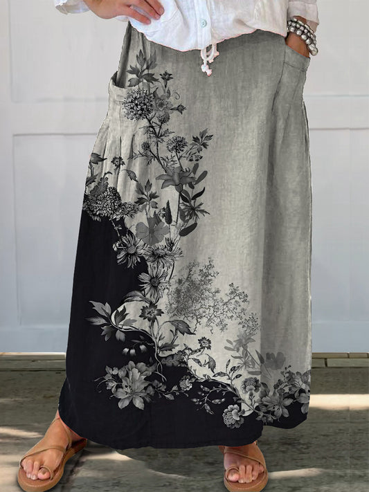 Women's Floral Art Printed Linen Pocket Skirt