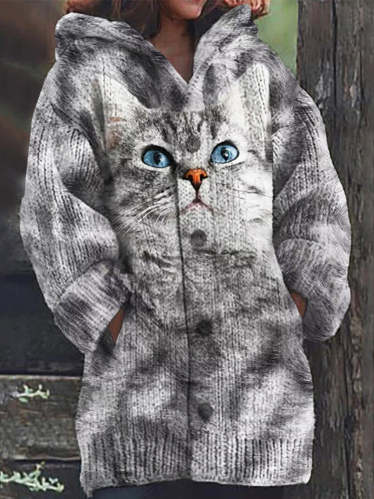 Cute Gray Cat Print Women's Hooded Cardigan elevenforest
