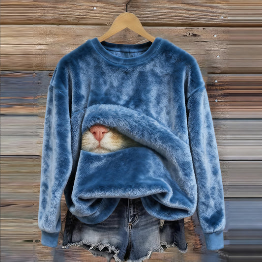Comstylish Lovely Cat Pattern Round Neck Cozy Plush Sweatshirt