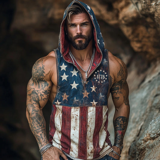 Independence Day Flag Inspired Linen Blend Hooded Tank Top artswardrobe