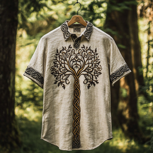 Men's Viking Tree Of Life Embroidery Pattern Lapel Shirt artswardrobe