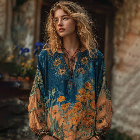 Oil Painting Iris And Sunflower Contrasting Shirt artswardrobe