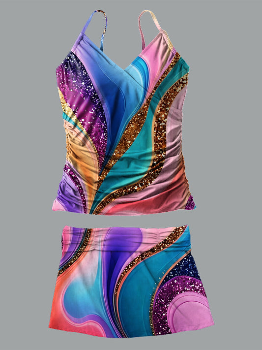 Colored Water Ripples V-Neck Vintage Flowers Print Suspender Skirt Tankini Pantskirt Set Swimsuit