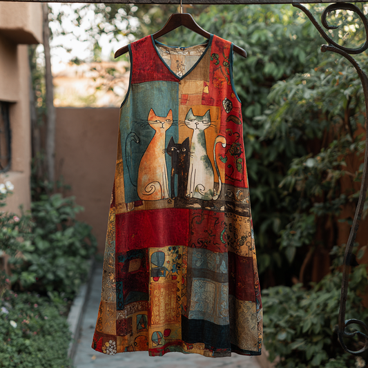 Comstylish Women's Vintage Floral Cat Oil Painting Art Patchwork Sleeveless Dress