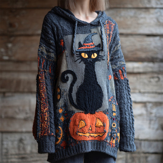 Comstylish Halloween Cat In A Witch Hat & Pumpkin Lady Knit Hooded Sweater
