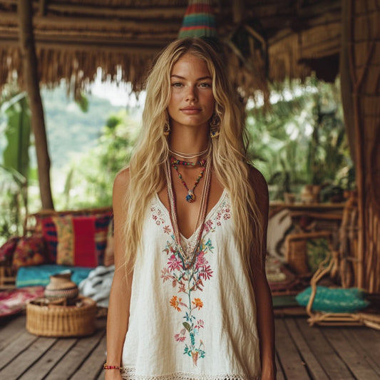 Vintage Floral Embroidery Art Women's Linen Tank Top artswardrobe