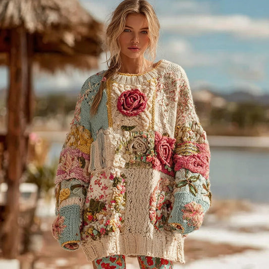 Women's Vintage Rose Floral Chunky Knit Warm Crew Neck Sweater elevenforest