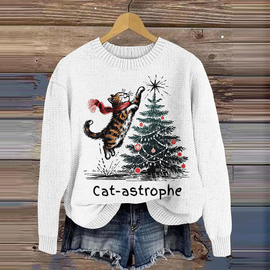 Cat Christmas Tree Knitted Pattern Women's Sweater elevenforest