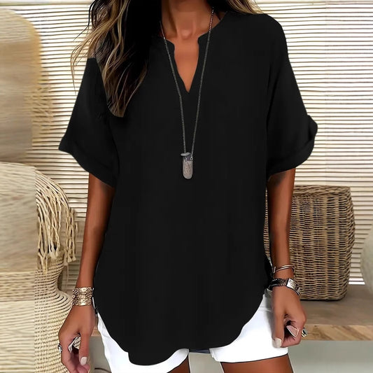 Comstylish Solid Color V-neck Short Sleeve Linen Blend Blouses
