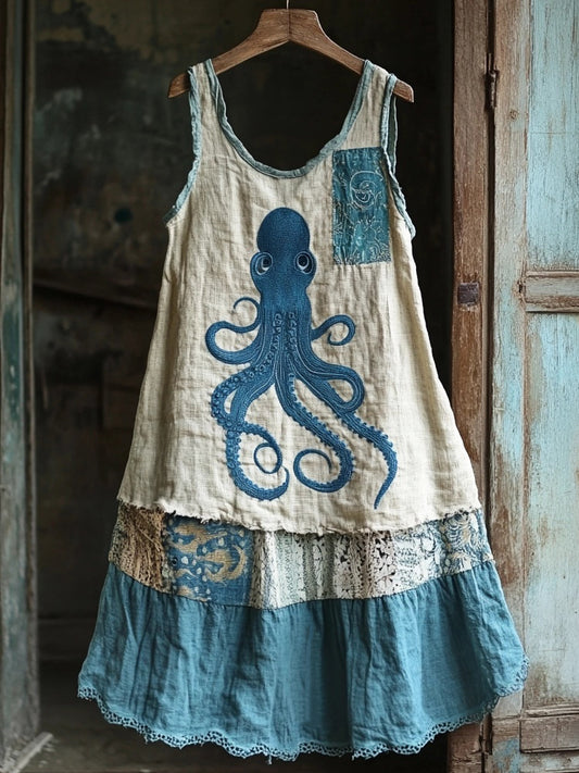 Octopus Embroidered Patchwork Art Linen Blend Dress artswardrobe