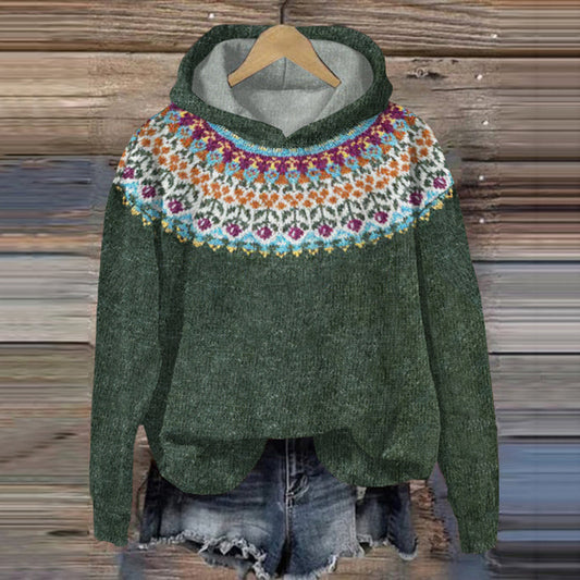 Retro Icelandic Pattern Contrast Print Hooded Sweater artswardrobe