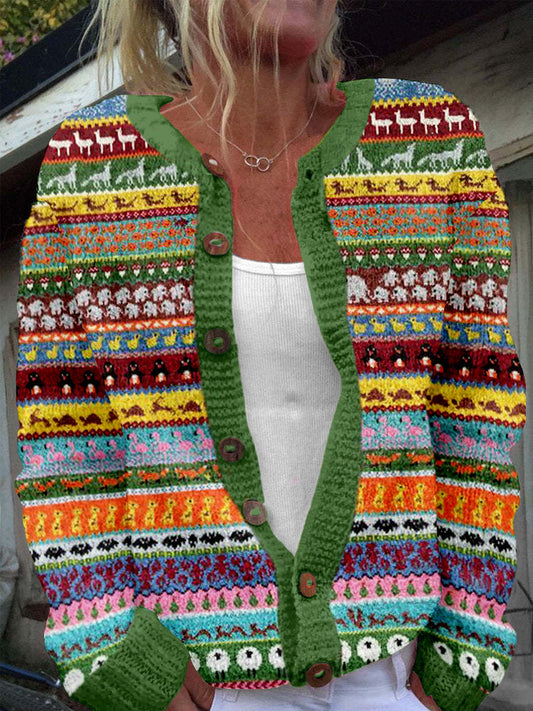 Vintage Animals Stripe Pattern Cozy Knit Cardigan elevenforest