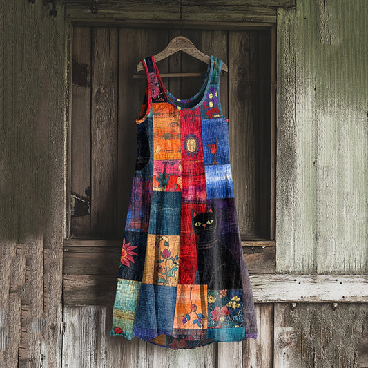 Vintage Black Cat Floral Patchwork Art Linen Blend Tank Dress
