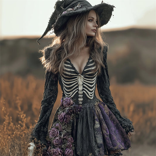 Comstylish Halloween Roses & Skeleton Rib Cage Linen Mini Dress