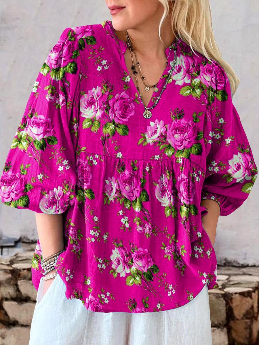Women's Art Rose Floral Pattern Casual Cotton Top