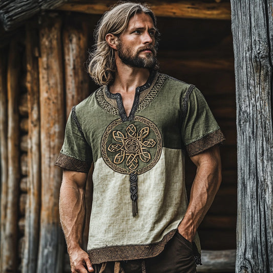 Men's Viking Tribal Celtic Color Contrast Art Linen Shirt artswardrobe