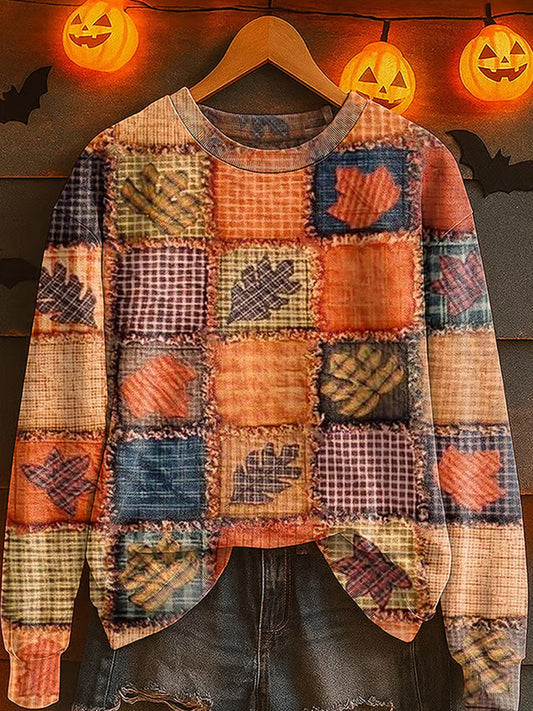 Women's Fall Patchwork Pumpkin Print Crew Neck Sweatshirt artswardrobe