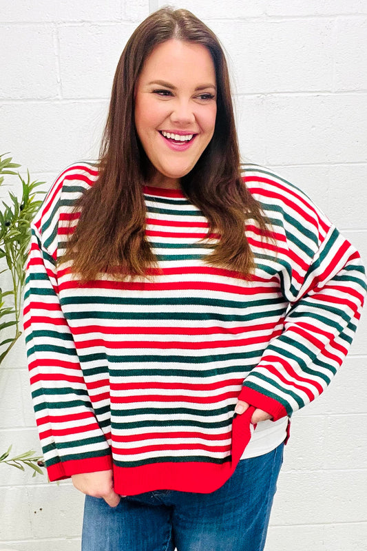 Inés® | Christmas red and green striped oversized knit sweater