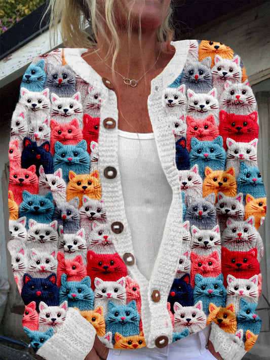 Comstylish Colorful Cute Cats Embroidered Cozy Knit Cardigan