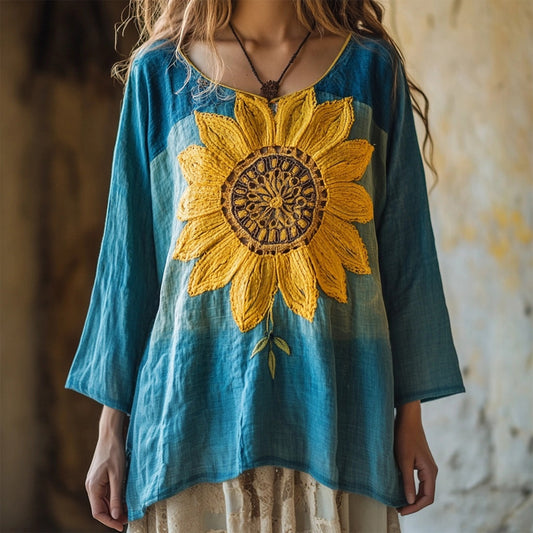 Comstylish Boho Sunflower Embroidered Flowy Linen Tunic