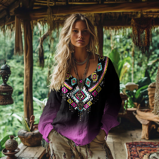 Comstylish Retro Bohemian Resort Ethnic Gradient Pattern Art Embroidery Cotton And Linen Blend Loose Blouse