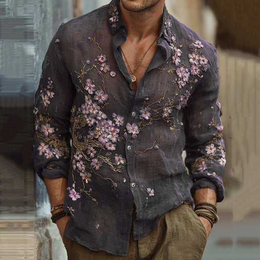 Men's Vintage Japanese Sakura Embroidered Art Lapel Long Sleeve Linen Shirt artswardrobe