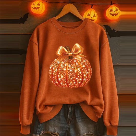 Women's Halloween Pumpkin Sequin Print Crew Neck Long Sleeve Sweatshirt artswardrobe