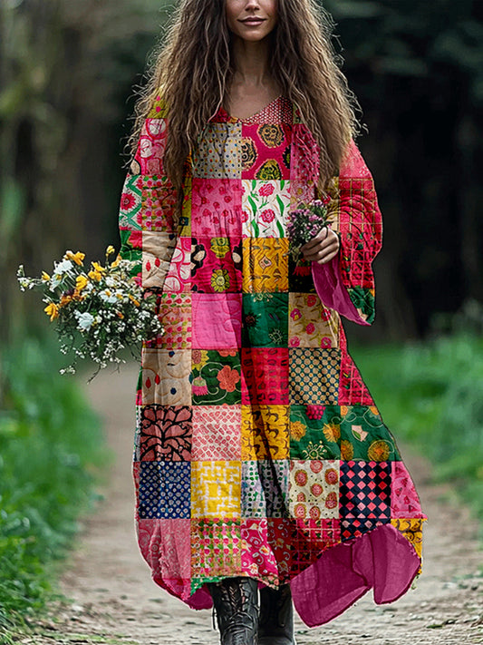 Bohemian Patchwork Art Pattern Flowy Linen Dress artswardrobe