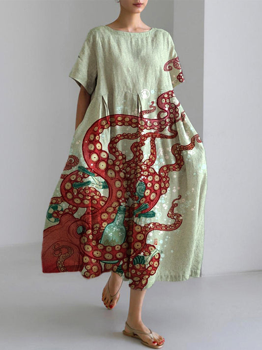 Comstylish Ocean Octopus Japanese Art Linen Blend Casual Dress