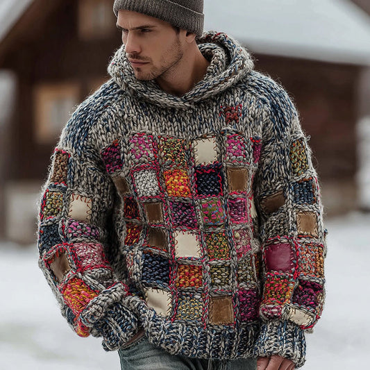 Men's Square Patch Knitted Warm Hooded Sweater artswardrobe