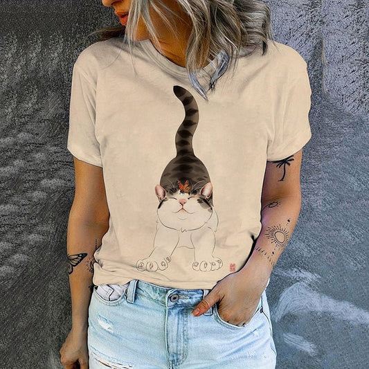 Cute Cat Print Round Neck Short Sleeve T-Shirt elevenforest