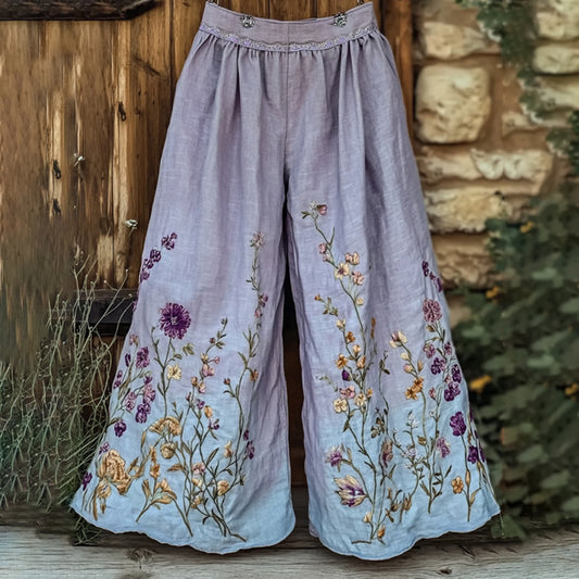 Vintage Purple Floral Embroidered Art Casual Linen Pants artswardrobe