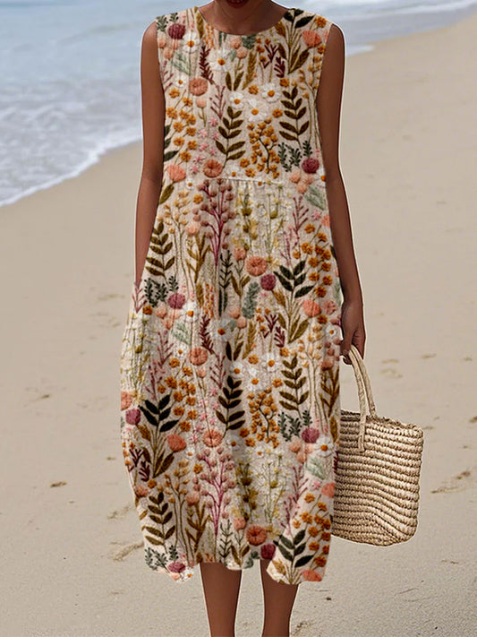 Wildflower Meadow Floral Embroidery Art Linen Tank Dress artswardrobe